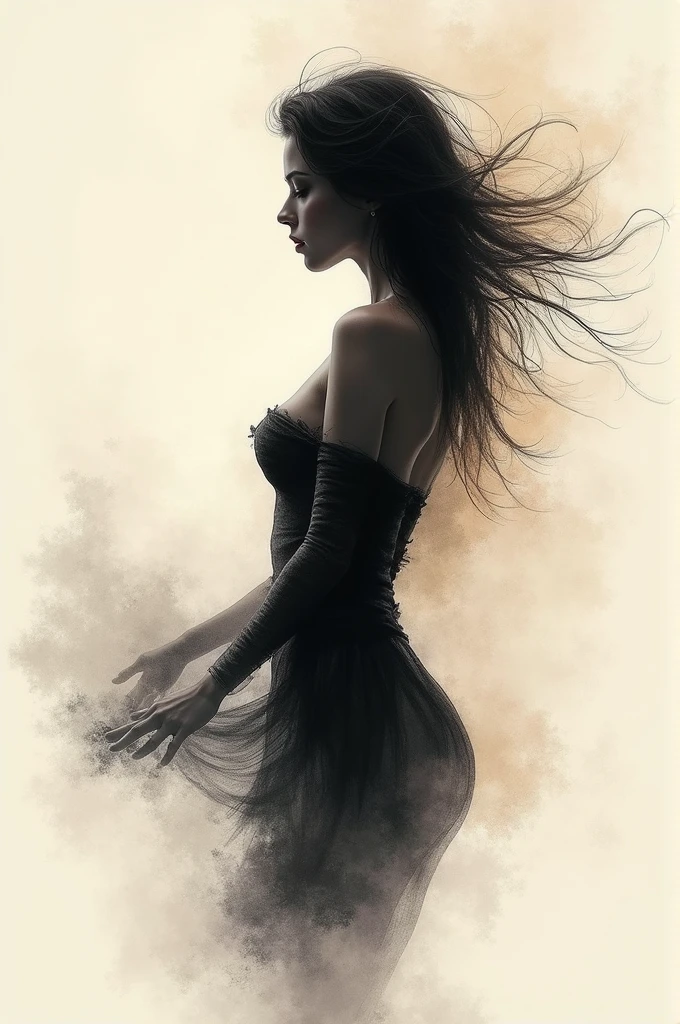 A stunning abstract art piece showcasing a feminine silhouette, painted with exquisite ink brush strokes. The artist masterfully captures the essence of motion and fluidity, highlighting the woman's curves and lines through a mesmerizing interplay of light and shadow. The background is composed of a harmonious blend of neutral tones, providing a serene backdrop for the central subject to stand out and captivate the viewer. This artistic masterpiece embodies a sense of tranquility and serenity, inviting onlookers to delve into the abstract beauty it presents.