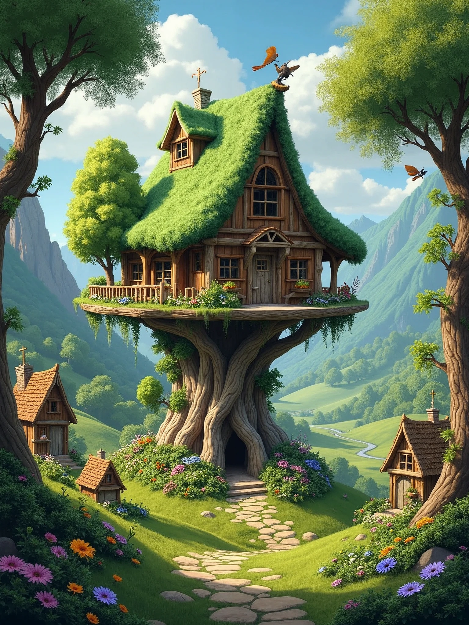 Valley, fairy tale village in the covered tree house, , matte paint, highly detailed, dynamic lighting, cinematographic, Realism, realist, Real photo, Sunset, detailed, high contrast, without noise, centered, Michael Welan & Bob Ross mixed styles.