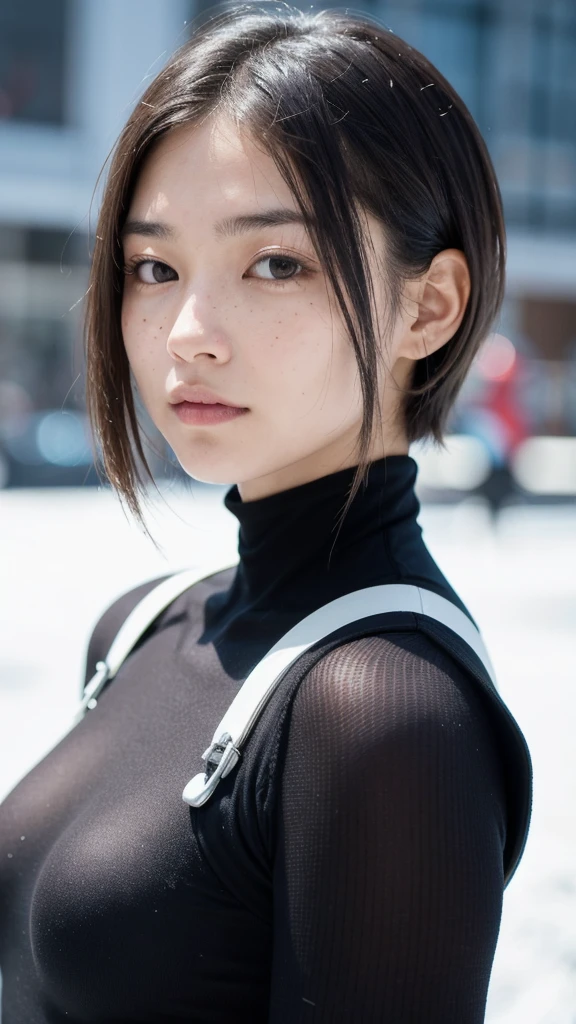 sf ,woman,Adult,main character,18-year-old,Hopeful Face,round face、Young、Small jaw、Round eyes、Light freckles、Brown eyes,Short Hairstyles,Black hair mixed with gray,Tight, see-through bodysuit、,Wide grassland,traitor,chaosとしました,Future World,Socialist World,snow,chaos