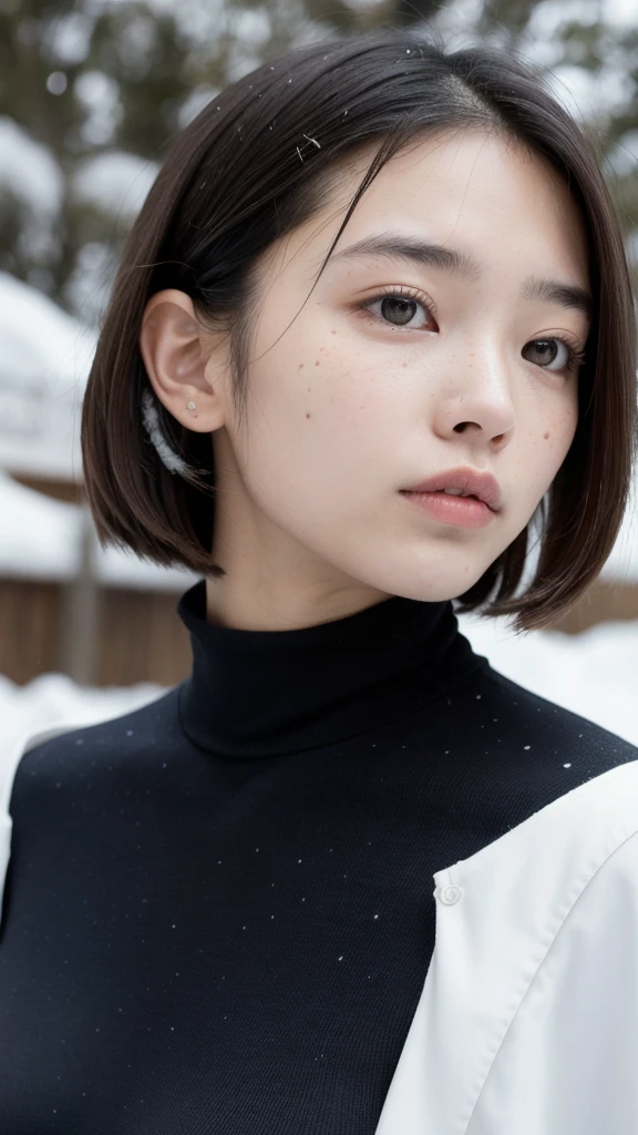 sf ,woman,Adult,main character,18-year-old,Hopeful Face,round face、Young、Small jaw、Round eyes、Light freckles、Brown eyes,Short Hairstyles,Black hair mixed with gray,Tight, see-through bodysuit、,Wide grassland,traitor,chaosとしました,Future World,Socialist World,snow,chaos