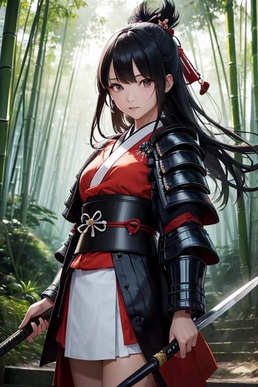 Highest quality, Ultra-high resolution, RAW Photos, Japanese style, kimono, Rin々Shii, Samurai, bamboo forest, Feel the wind, Japanese sword, (Samurai Armor:1.1), Black Hair Girl