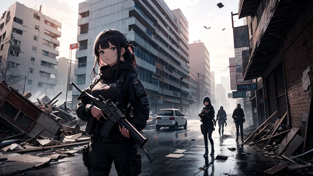 The image captures a striking and powerful scene set in a post-apocalyptic world.。. In the foreground, Beautiful girl in the hall々Standing, Create an atmosphere of resilience and determination, They are dressed in tactical gear that reflects the harshness of their surroundings.. With confidence and purpose in her eyes, she holds her AK47.、It shows intensity and determination。. Blake, the desolate streets stretch out before her., Collapsed buildings and rubble lined up, A poignant reminder of the devastation that has befallen this once thriving city.. The girl's steps are careful., Her presence among the ruins has attracted attention.. Break The gritty atmosphere of the image is、Strengthened by the remnants of a collapsed civilization, Graffitied walls and broken windows、It's an eerie reminder of a lost world.。. Her presence in this bleak environment evokes a sense of hope and strength., As if she were a beacon of resilience in the face of adversity. Blake: The contrast between her beauty and the harshness of her environment、Creating captivating images that speak to human resilience in the face of a broken world。.