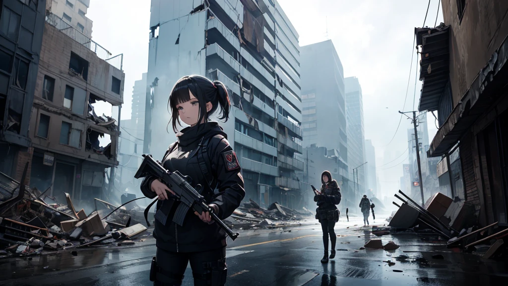 The image captures a striking and powerful scene set in a post-apocalyptic world.。. In the foreground, Beautiful girl in the hall々Standing, Create an atmosphere of resilience and determination, They are dressed in tactical gear that reflects the harshness of their surroundings.. With confidence and purpose in her eyes, she holds her AK47.、It shows intensity and determination。. Blake, the desolate streets stretch out before her., Collapsed buildings and rubble lined up, A poignant reminder of the devastation that has befallen this once thriving city.. The girl&#39;s steps are careful., Her presence among the ruins has attracted attention.. Break The gritty atmosphere of the image is、Strengthened by the remnants of a collapsed civilization, Graffitied walls and broken windows、It&#39;s an eerie reminder of a lost world.。. Her presence in this bleak environment evokes a sense of hope and strength., As if she were a beacon of resilience in the face of adversity. Blake: The contrast between her beauty and the harshness of her environment、Creating captivating images that speak to human resilience in the face of a broken world。.