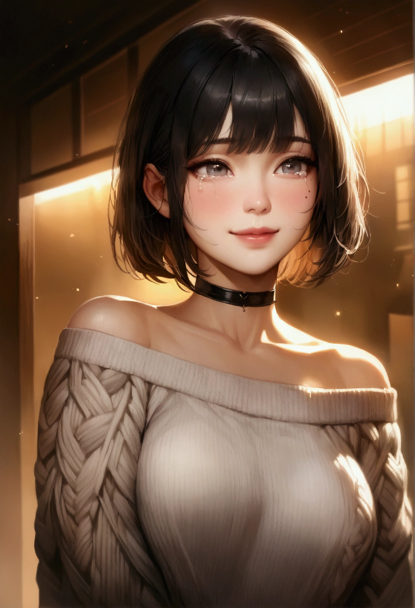 Highest quality, masterpiece, Ultra-high resolution, Realistic, 1 girl, Off the shoulder, knit, smile, smile, Slightly visible, Extra Large_sweater, Soft lighting, Detailed skin, bangs, Black Hair, Clear Eyes, Short Bob Hair, Transparency, Japan, Korean, Beautiful woman, Upward glance, Lip gloss, Black Thick Choker, Tears, Mole on chest, Eye highlights