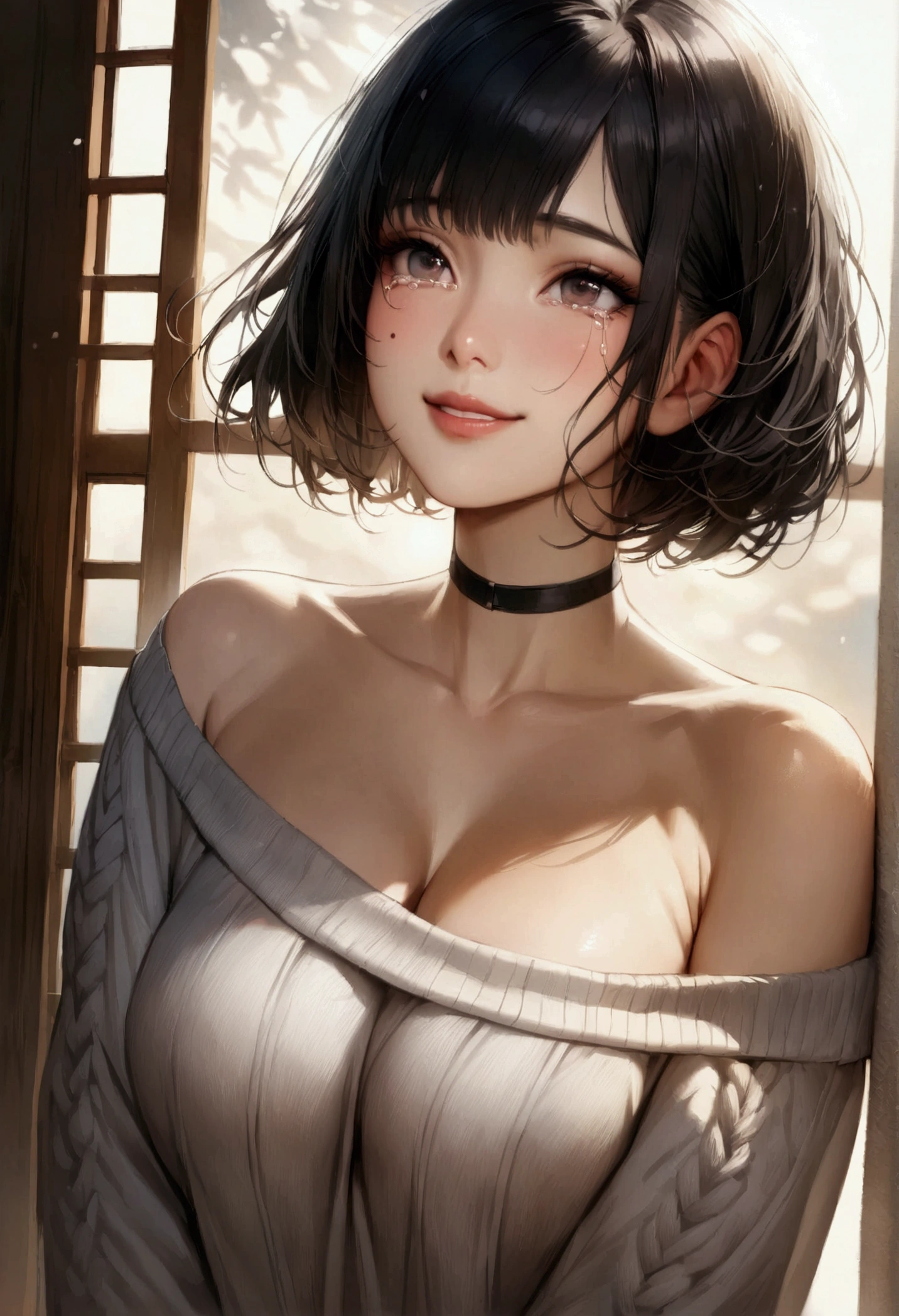 Highest quality, masterpiece, Ultra-high resolution, Realistic, 1 girl, Off the shoulder, knit, smile, smile, Slightly visible, Extra Large_sweater, Soft lighting, Detailed skin, bangs, Black Hair, Clear Eyes, Short Bob Hair, Transparency, Japan, Korean, Beautiful woman, Upward glance, Lip gloss, Black Thick Choker, Tears, Mole on chest, Eye highlights