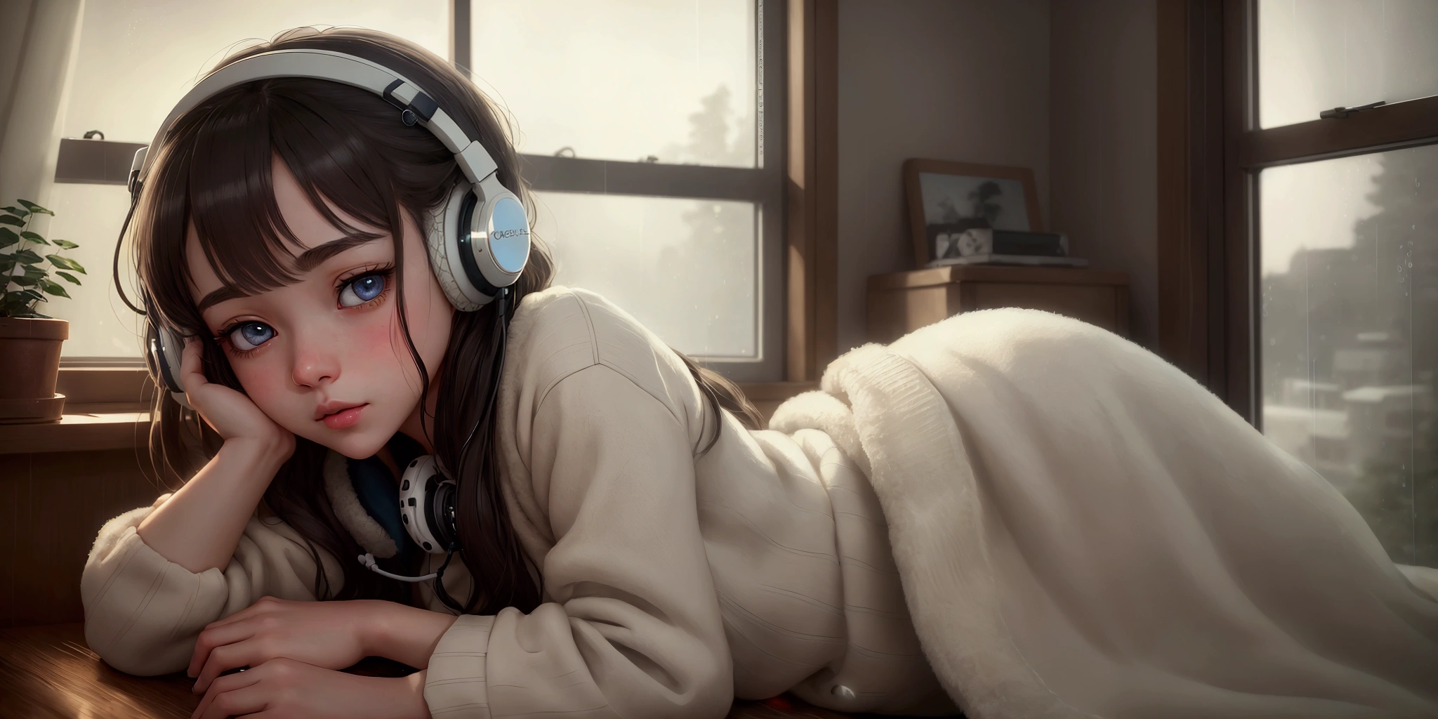 a girl listening to music in a cozy room on a rainy morning, wearing white headphones, 2D anime style, lo-fi aesthetic, analog color theme, ghibli-esque style, detailed face and expression, beautiful detailed eyes, beautiful detailed lips, extremely detailed eyes and face, long eyelashes, detailed clothing, detailed background, warm lighting, rain outside window, peaceful atmosphere, high quality, 8k, masterpiece, ultra-detailed, photorealistic, professional