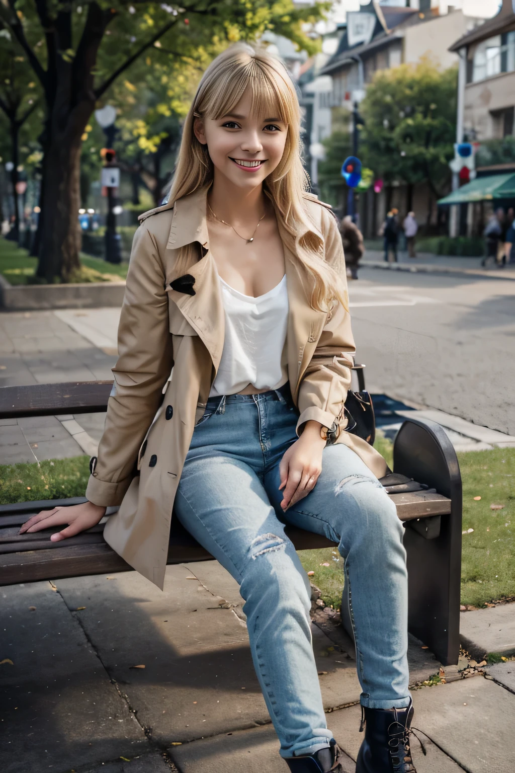 Highest quality, High resolution, 8k wallpaper, Beautiful woman, Woman sitting on a park bench、、trench coat、, Skinny jeans, boots、 Blonde Hair 、 Beautiful Bangs 、ear piercing、smile、Beautiful teeth alignment