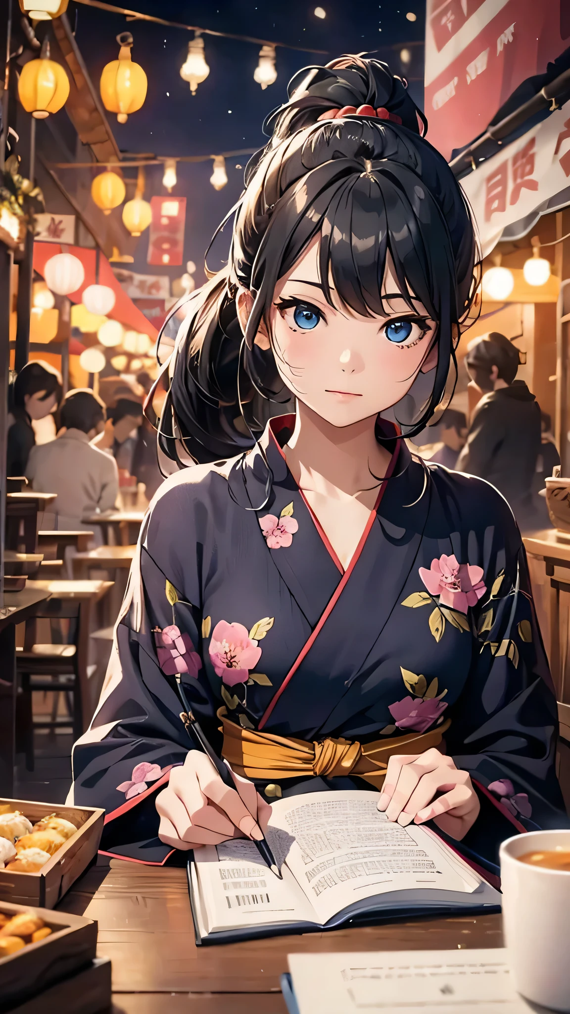 最high quality、Best image quality、masterpiece、With a girl((cute、20-year-old、Best Bust、Medium Bust、Beautiful Blue Eyes、Spread your chest wide,Black Hair、ponytail、Disheveled Hair、thin、Highest Valley、Red yukata、))high quality、Beautiful art、background((night、festival、stall、Fireworks、Beer )),Tabletop、Exquisite design、Visual Arts、Written boundary depth、Best lighting、Highest detail、8k