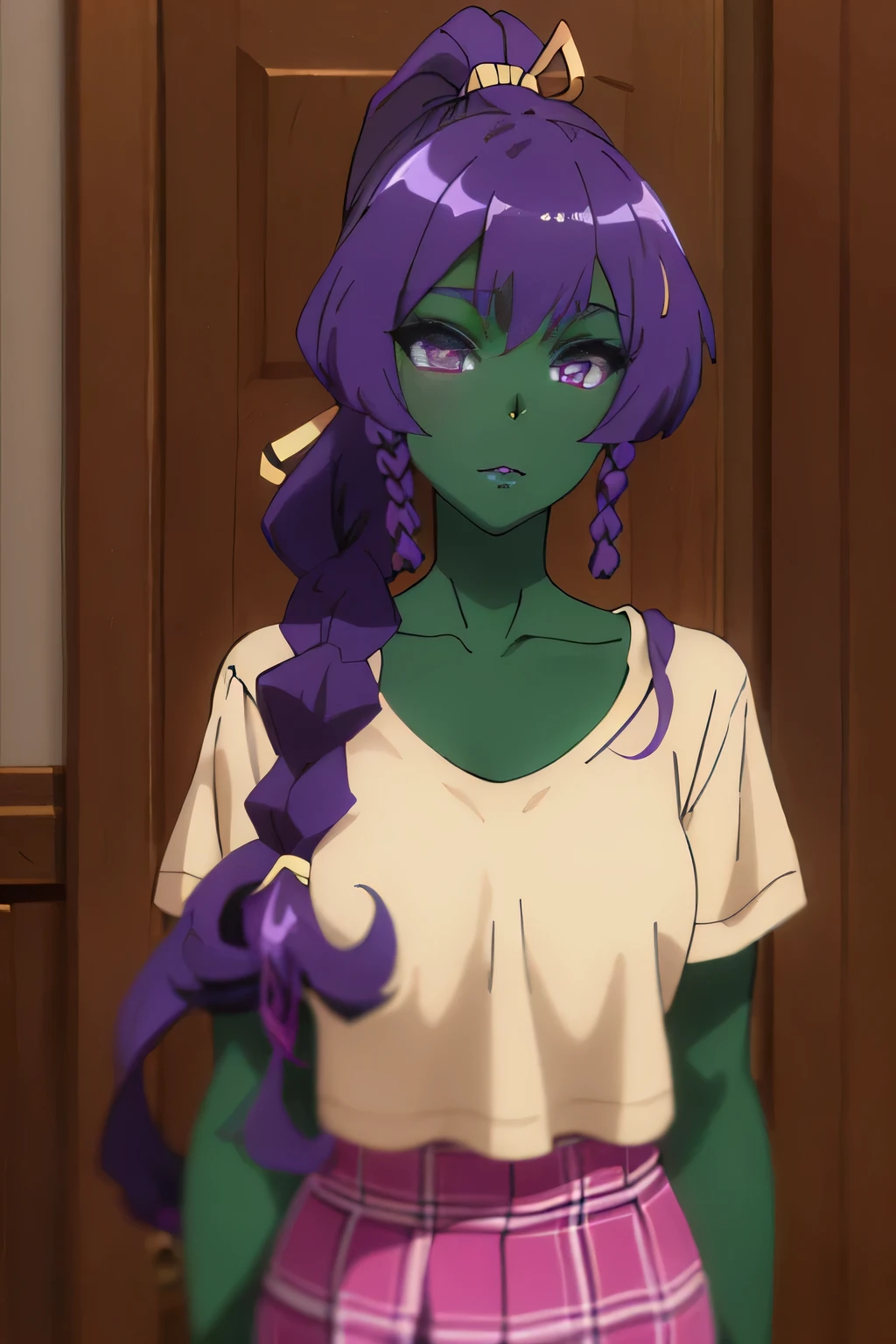 photo of beautiful Orc, RAW, beautiful woman, (portrait), (detailed anime face, purple anime eyes:1.2), (detailed green anime skin, dark green makeup, anime lips, smooth green skin: 1.22), (Long dark purple braided ponytail: 1.4), (perfect proportioned body, Strong, muscular, narrow waist, narrow hips, skinny, medium breasts), (she wears a cropped t-shirt, pajama pants), (detailed high school background, Japanese school), (realistic photo, best quality, detailed), (8k wallpaper), (cinematic lighting, beautiful light, (day:1.3)) (sharp focus, intricate)