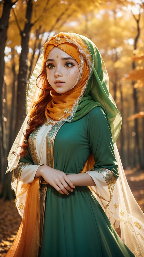 In aand ((magical dream like Forest))
(((Beautiful muslim princess girl, ))))young, (freckles on face), Beautiful face, lipstick, eyeliner, long hair, orange hair, wavy hair, standing outside, Autumn, ((blurred background)), blurred, scarf, colorful, motion blur, bright. wearing a princessdress and a ((long headscarf veil ((islamic style)) beautiful ))