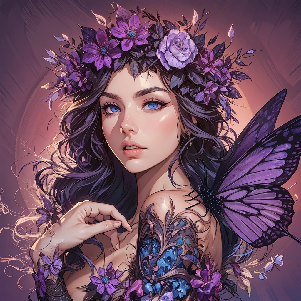 {8k image}, 1beautiful mature woman, 35 years old, pointed nose, fleshy lips, triangular face, big hair with bangs (wine), blue eyes, {looking directly at the viewer}, {facing forward}, {perfect anatomy}, {image focused only on the face}, {face portrait}, purple background, glasses