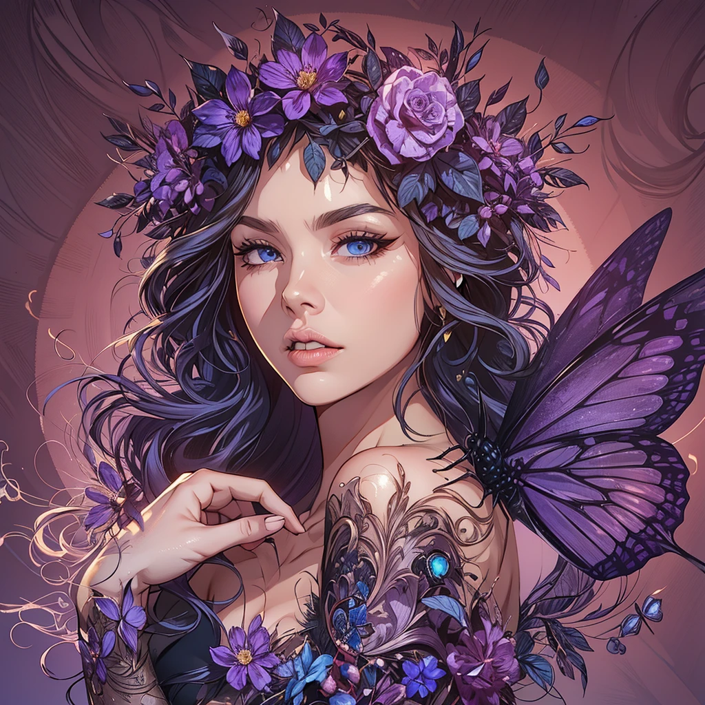 {8k image}, 1beautiful mature woman, 35 years old, pointed nose, fleshy lips, triangular face, big hair with bangs (wine), blue eyes, {looking directly at the viewer}, {facing forward}, {perfect anatomy}, {image focused only on the face}, {face portrait}, purple background, glasses