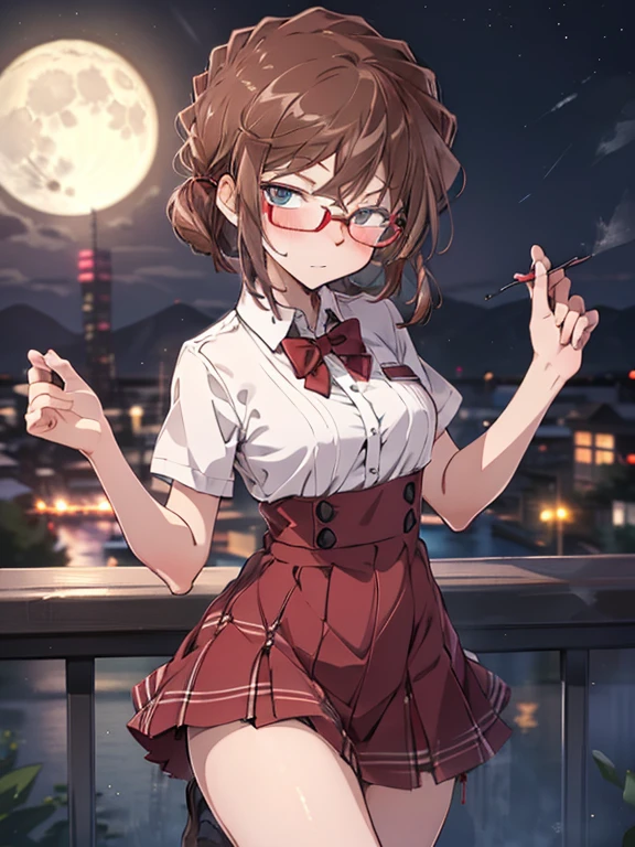 Moon, Red bow tie, Glasses, blush, Confession(Moonlit Confession:1.5), cute, Beauty, Shortcuts, Haibara Ai, Brown Hair, (masterpiece), highest quality, 1girl, uhd, retina, masterpiece, ccurate, anatomically correct, textured skin, super detail, high details, high quality, best quality, highres, 4K
