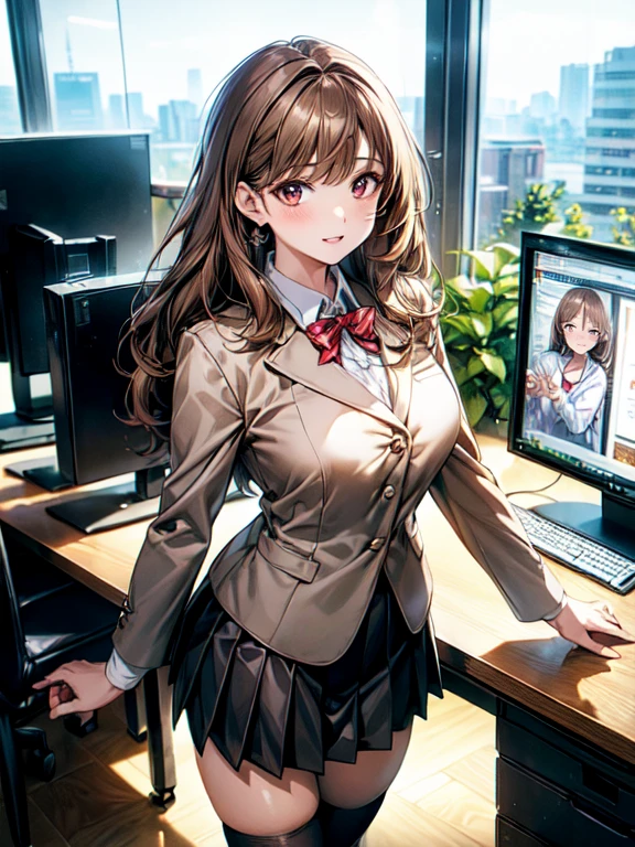 8K, (masterpiece, best quality:1.3), ((bokeh)), (short focus lens:1.4), Anime CG style, Japanese, 1 lady, medium shot, (face light:1.2), cinematic lighting, sharp focus, (Left to Right Balance), beautiful eyes, (Perfect Hands,Perfect Fingers,Perfect Limbs,Perfect Body,Correct Human Body,Perfect Image Realism,Perfect Anatomy), (shiny skin, detailed skin), 

 (light brown hair:1.3), medium hair, wavy hair: 1.3, red eyes, 

Japanese schoolgirl blazer uniform, pleated skirt, knee-high socks, random porn pose, standing,

standing, Office lady, Receptionist, hardworking and dedicated, 

busty, sexy body, 


(beautiful scenery), (modern tech company office interior, daytime, open plan workspace, glass walls, natural light, sleek furniture, employees working, multiple computer screens, collaborative areas, minimalist design, high-tech equipment), very wide, panorama view,