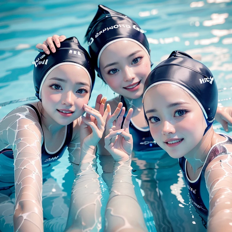 SFW,  ExtremelyDetailed (((Synchronized Swimming Kids Team:1.4))), Childish perfect face, Reflective Eyes, Detailed(Delicate Clothing textures), Corrected Leg to Foot Line, Dynamic Joyful Expressions LifeLike Rendering, ((Specular Reflection:1.28)), TopQuality 8K Ultra-detailed masterpiece (ProfessionalPhoto:1.37)(Acutance:0.8),(Luminism),