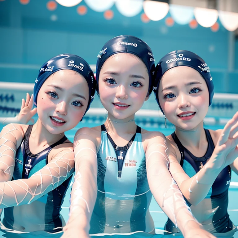 SFW, ExtremelyDetailed (((Synchronized Swimming Team:1.4))), Childish perfect face, Reflective Eyes, Detailed(Delicate Clothing textures), Corrected Leg to Foot Line, Dynamic Joyful Expressions LifeLike Rendering, ((Specular Reflection:1.28)), TopQuality 8K Ultra-detailed masterpiece (ProfessionalPhoto:1.37)(Acutance:0.8),(Luminism),