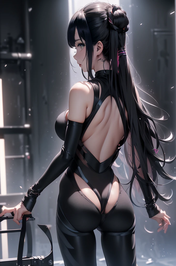 Optimal，​masterpiece，High resolution，highest quality，(Cowboy-shot)、cute face，pinkies Hair、Long hair、Twin tails、((Shooting from behind:1.5)), ((Wear tight-fitting black separates:1.5)). ((beautiful nipples))、((big boobs:1.5)), Wet and transparent