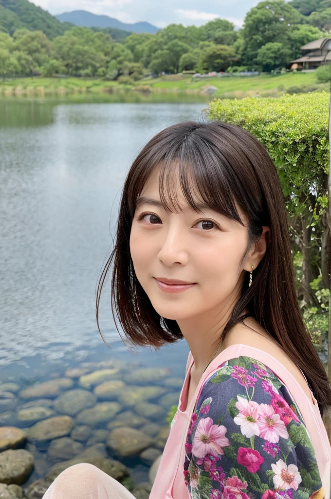 ((Highest quality)), ((masterpiece)), (detailed), Perfect Face,Japanese,landscape,Mature Woman,Upper Body,F Cup