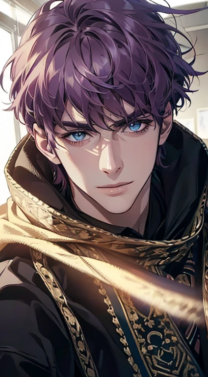 (best quality,4k,8k,highres,masterpiece:1.2),ultra-detailed,(realistic,photorealistic,photo-realistic:1.37),1 man,31 years old,mature man,very handsome,without expression,smile,short purple hair,blue eyes,penetrating gaze,perfect face without errors,imposing posture,businessman,office background,cinematic lighting,hdr image