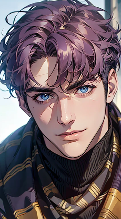 (best quality,4k,8k,highres,masterpiece:1.2),ultra-detailed,(realistic,photorealistic,photo-realistic:1.37),1 man,31 years old,mature man,very handsome,without expression,smile,short purple hair,blue eyes,penetrating gaze,perfect face without errors,imposing posture,businessman,office background,cinematic lighting,hdr image