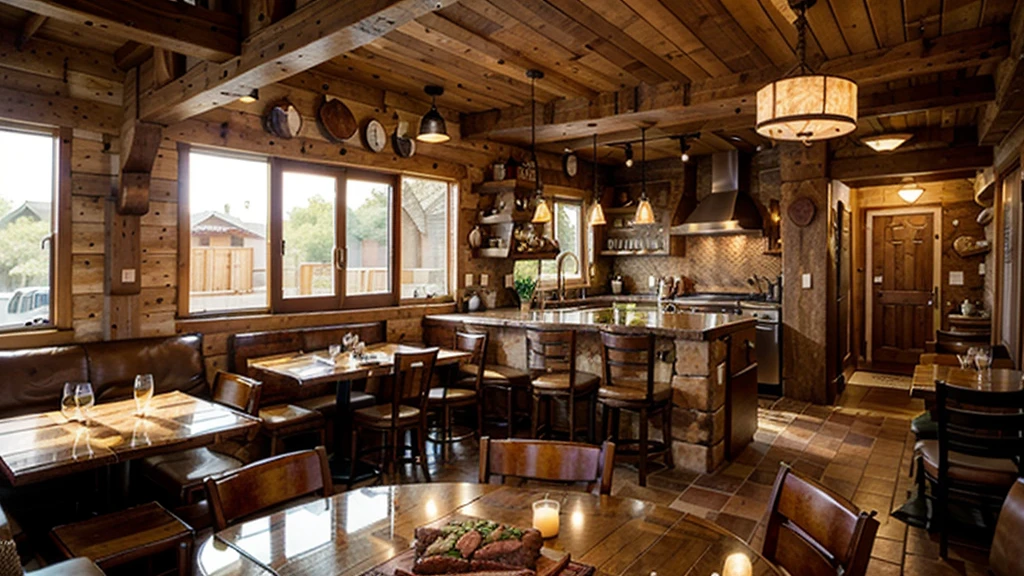 rustic barbecue restaurant in a detailed mental image. The environment is characterized by a mix of earthy tones, including shades of brown, green and red, reflecting the natural materials used in the construction of the building. The dominant shapes are organic, featuring curved lines and jagged edges found in wooden furniture and decorative elements. There is a sense of warmth emanating from the space, likely due to the combination of the sun's rays streaming through the windows and the sizzling sound of meat sizzling in the oven. kitchen. The overall ambiance is warm and inviting, perfect for a casual dining experience.