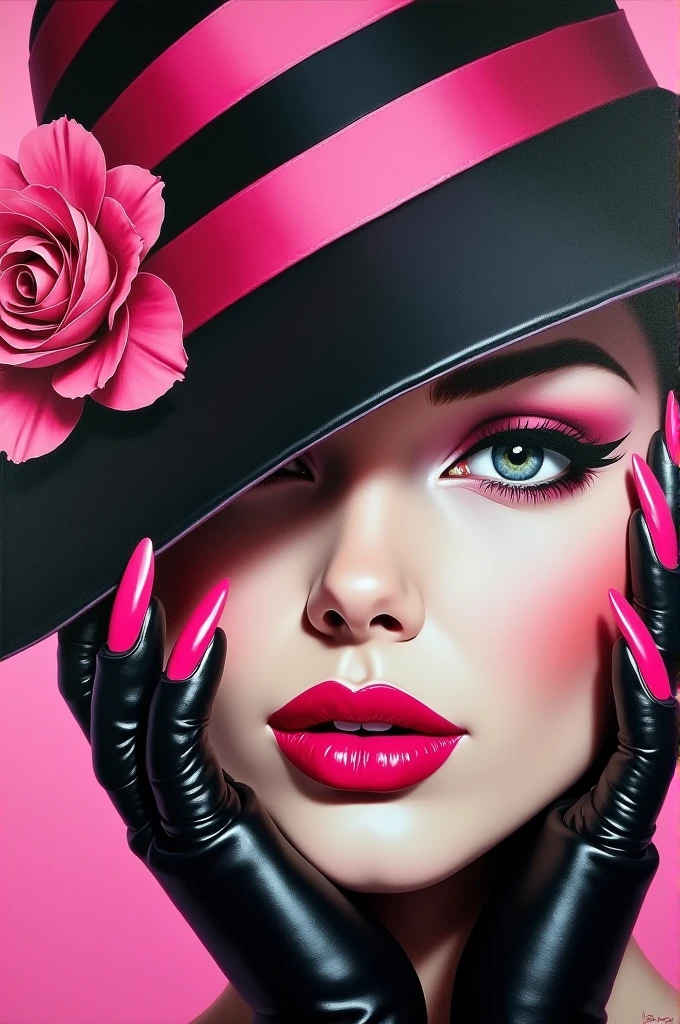 A captivating, vibrant oil painting of a woman's face with a striking emphasis on her bold, deep pink lips and nails. Her eyes are partially hidden by a stylish, pink and black striped hat adorned with a delicate flower. Her eyes peek out from the hat, exuding confidence. Pink and black leather gloves complete her bold ensemble, while her lips are framed with a precise black liner. The vivid color palette of pink, black, and white creates a striking contrast, making this painting a true work of art., painting