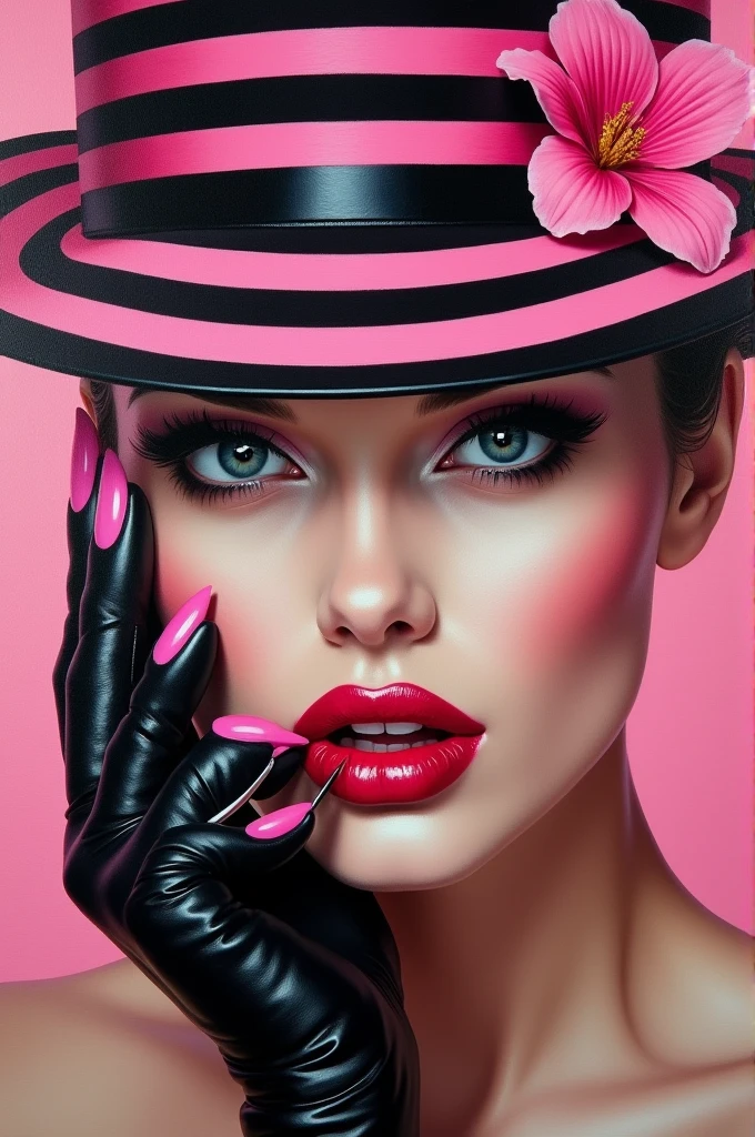 A captivating, vibrant oil painting of a woman's face with a striking emphasis on her bold, deep pink lips and nails. Her eyes are partially hidden by a stylish, pink and black striped hat adorned with a delicate flower. Her eyes peek out from the hat, exuding confidence. Pink and black leather gloves complete her bold ensemble, while her lips are framed with a precise black liner. The vivid color palette of pink, black, and white creates a striking contrast, making this painting a true work of art., painting