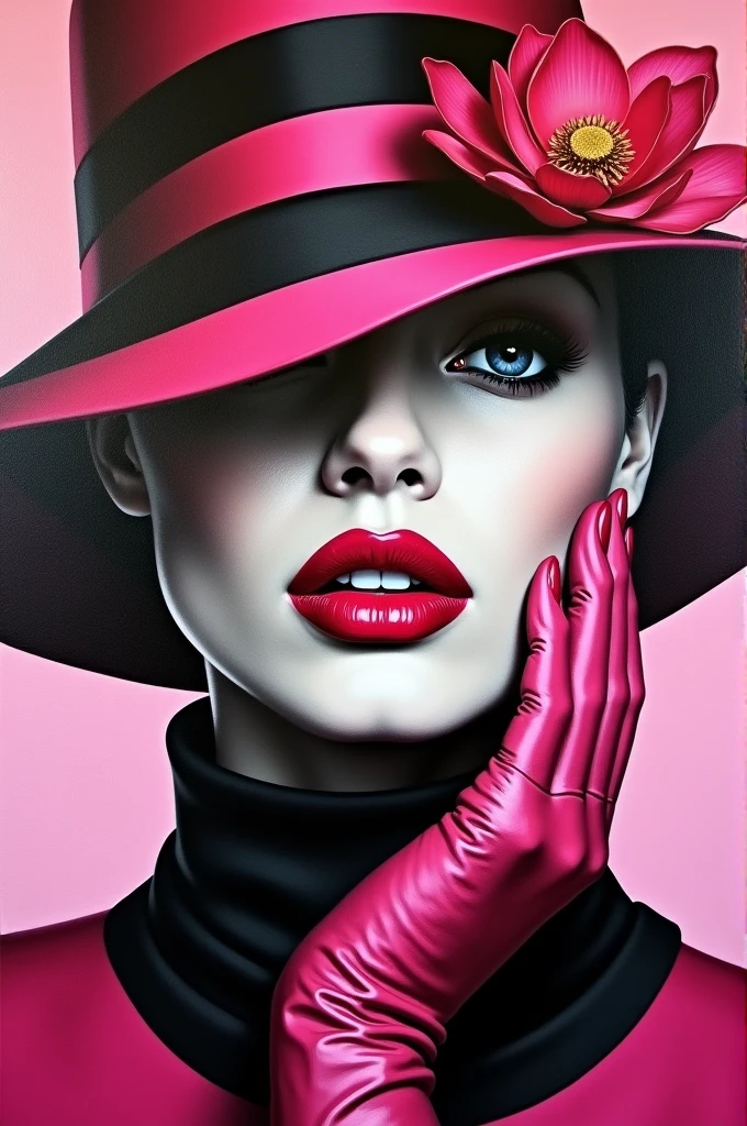 A captivating, vibrant oil painting of a woman's face with a striking emphasis on her bold, deep pink lips and nails. Her eyes are partially hidden by a stylish, pink and black striped hat adorned with a delicate flower. Her eyes peek out from the hat, exuding confidence. Pink and black leather gloves complete her bold ensemble, while her lips are framed with a precise black liner. The vivid color palette of pink, black, and white creates a striking contrast, making this painting a true work of art., painting