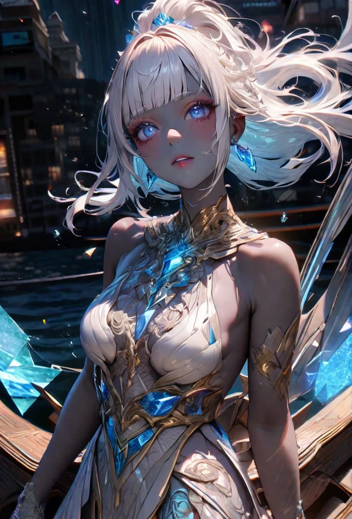 (((intricate design))) (((professional))) (((clear focus))) (((32k UHD Resolution))) (((photorealistic))) (((hyper-detail))) (((masterpiece))), ultra-realistic, a digital render, expressive eyes, perfect face, mesmerising eyes, perfectly detailed anatomy, low contrast, (((Volumetric lighting))) (((cinematic lighting))) (((sunny)) (((1female))) empyrean, empyrean being, empyrean appearance, ultra-realistic, textured skin, elegant, glamorous makeup, full body, female goddess of crystals, shattered glass, intricate design, beautiful white iridescent dress, long gloves, jewels, plastic, neon glitter, confetti, (((black skin black complexion, dark complexion, dark skin))) neon blue eyes, (((neat long straight white hair with bangs and light blue highlights))) high ponytail, white lipstick, grimoire, holding a grimoire, blue earrings, deity, neon lights, glass particles, white eyelashes, (((on a boat))) shattered glass