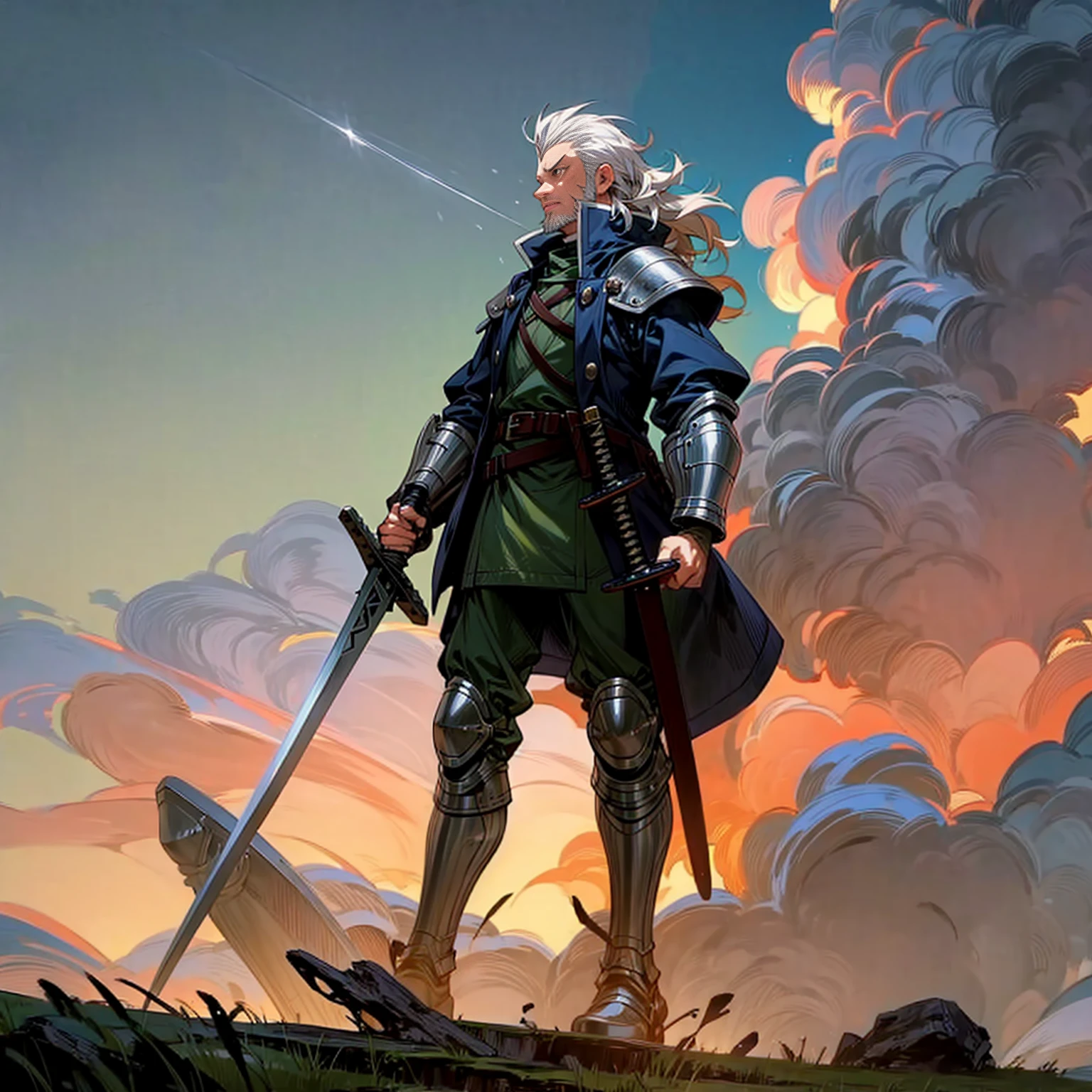 Solo character, old man, tall height, full body version, white eyes, white colour hair, very long curly haircut, chin beard, soldier clothing, heavy armored, belt, boots, outdoor, field, Greenland, medieval, evening, standing gesture, detailed clothing, detailed hair, detailed background, (Hunter x Hunter style art), sword in hand, glow effect on sword, thunder, lightning, glare, smoke,