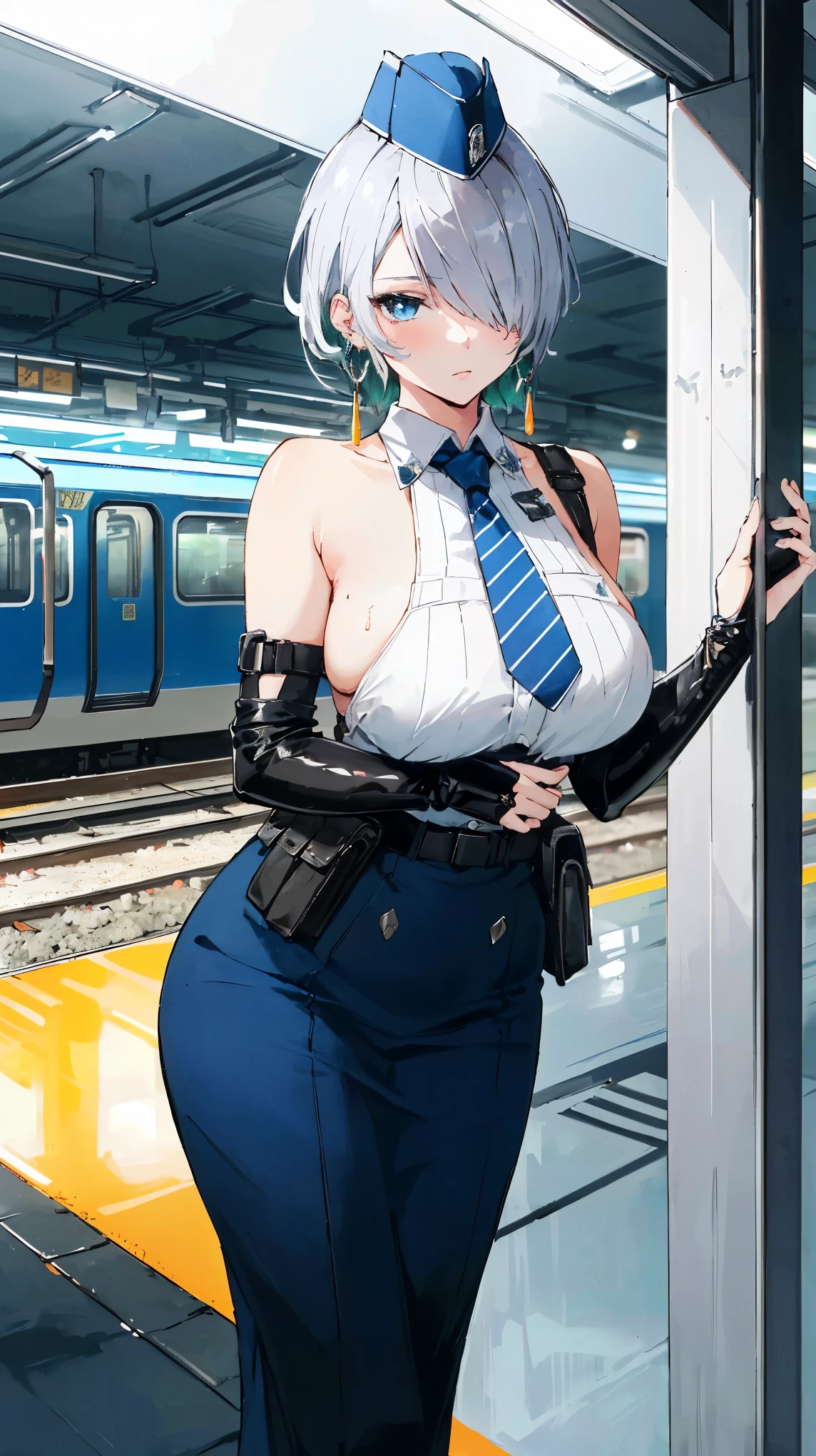 (masterpiece, best quality, ultra detailed, absurdres:1.5), 1girl, (sexy, beautiful woman, perfect face, perfect eyes, perfect female body, large breasts:1.5), (nikkebrid, white hair, low ponytail, hair over one eye, earrings, garrison cap, sleeveless shirt, long skirt, blue necktie, belt pouch, elbow gloves, high heel boots, ), (standing, indoors, future_train_station), perfect lighting, smooth, hdr