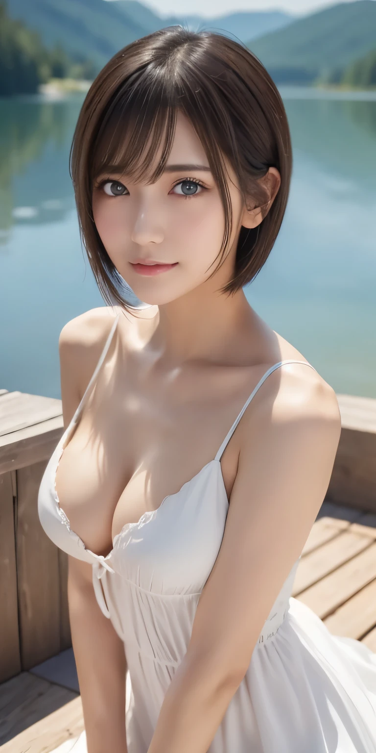Realistic、Highest quality、Highest quality、masterpiece、Ultra-high resolution、RAW Photos、Realistic、Bright lighting、Face Light、Smooth Professional Lighting、Looking into the camera、alone、Adult female、Beautiful woman、Super Beauty、Realistic肌、Moisturized Skin、Realistic eyes and faces、Perfect model body shape、Beautiful Eyes、Big eyes、Inconspicuous tear bags、slim、、Very good、No makeup、Very short hair、Black Hair、black eye、seems to be happy、(Both ears are hidden by hair)、Beautiful lake、Lakeside、White Dress、