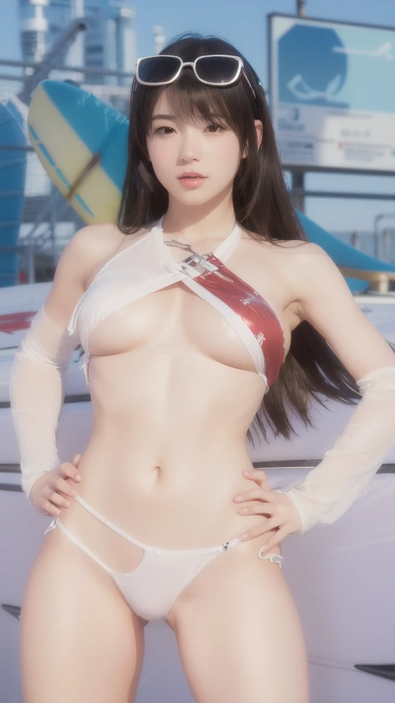 a close up of a woman in a bikini and sunglasses, realistic bikini, smooth translucent white skin, tifa lockhart, tifa, photorealistic perfect body, extra detailed body, extreme detail skin, highly detailed body, asuka as a surfer model, close up half body shot, hints of yayoi kasuma, tifa lockheart, japanese girl, perfect skin, ultra realistic, 4K,