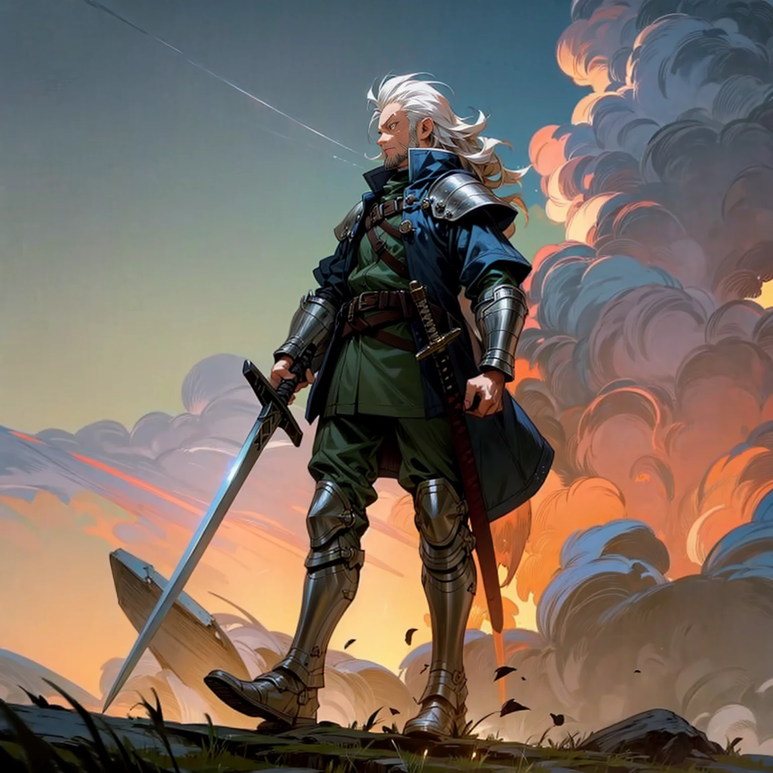 Solo character, old man, tall height, full body version, white eyes, white colour hair, very long curly haircut, chin beard, soldier clothing, heavy armored, belt, boots, outdoor, field, Greenland, medieval, evening, standing gesture, detailed clothing, detailed hair, detailed background, (Hunter x Hunter style art), sword in hand, glow effect on sword, thunder, lightning, glare, smoke,