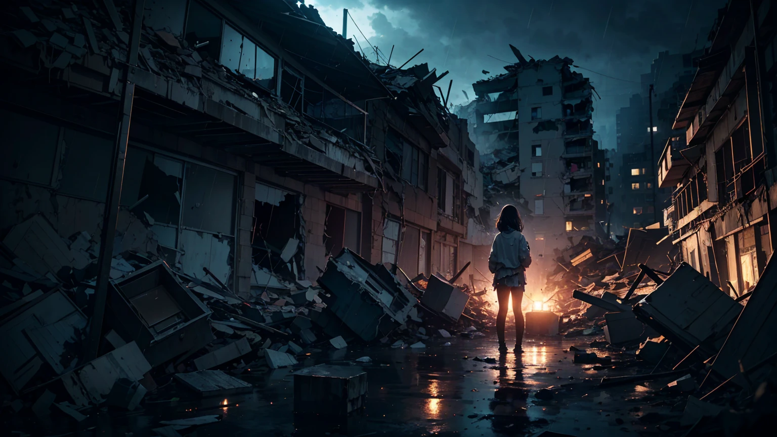 masterpiece, Concept Art, photograph, child, One girl, Tattered clothes, Teddy bear beside her, Sitting, focused shot, Cinematic, Are crying, In the heavy rain, night, Rubble building in the background, sad, melancholy, (A magnificent composition, Epic proportions), Volumetric lighting, reflection, High resolution