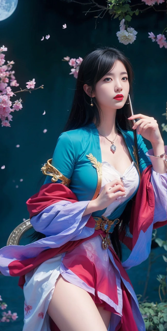 best quality, tmasterpiece,Ultra-high resolution,Clear face,(Reality:1.4),ferpect lighting,(upper body shot), (photorealistic:1.50), anime wallpaper, Guviz style artwork, cover-up fantasy up to magic , by Yang J, Guviz, beautiful artwork illustration, beautiful digital artwork, beautiful digital illustration, Li Song, beautiful anime portrait, art style in Beauvot, Lips wear thick red lipstick,