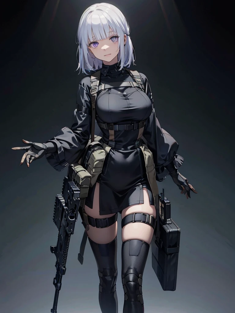 RPK-16, The background is a dark and desolate landscape, Horror movie atmosphere. Her figure is very beautiful, Emphasizing the dark and crazy elements. Skillfully expressing the effects of light and shadow, detailed, The face and expression of the black costume are also carefully drawn.....,(Tilt your head:1.2), ([sketch|watercolor \(Moderate\)]:1.15),Chaotic abstract background, Vector Trace, Gradient blending and whole body, Artistic elements add depth to the work. The overall atmosphere is creepy and nightmarish....., With a unique artistic touch. This movie is、The dark and crazy world of horror movies depicted in HD., Evoke visual stimuli and aesthetic sense, Shooting guns