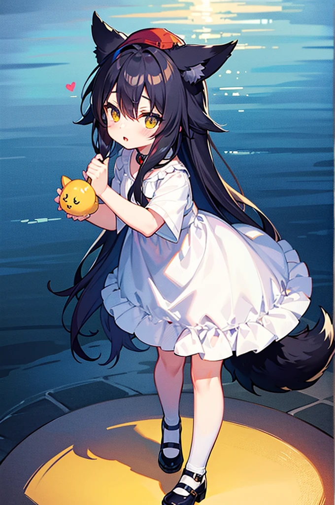 anime style,1person,fenrir shota,long hair,black hair,cute girlish boy,wolf ear and tail,short child,light_blue smock, yellow hat,young pretty boy,