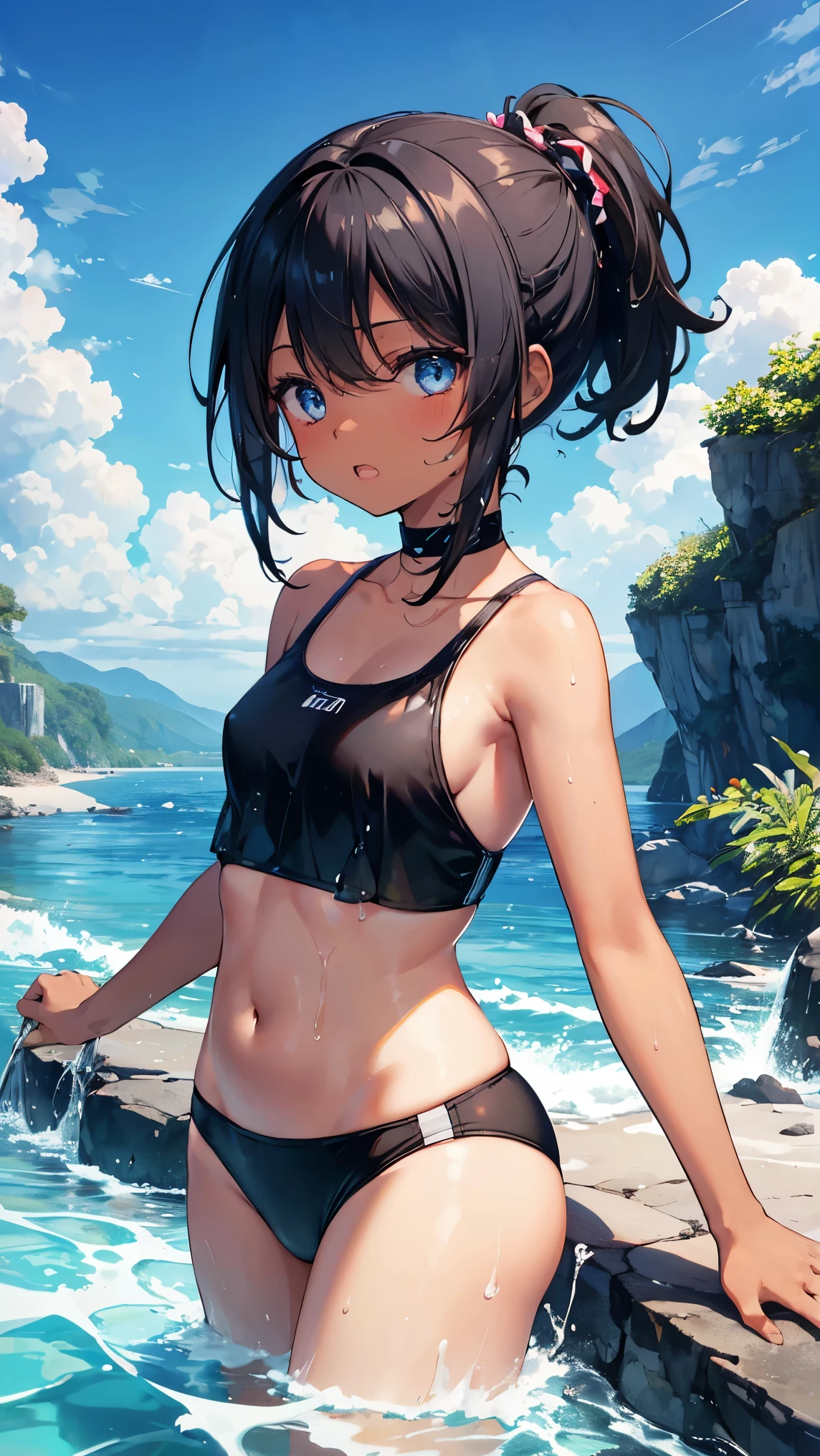 ,girl,Highest quality,Black Hair,Sunburn,blue eyes,Brown skin,Dark Skin,Very short hair,ponytail,Cat Eyes,Double teeth,Small breasts,Swimsuit,Wet with water,Clear Stream,river,Water Play,