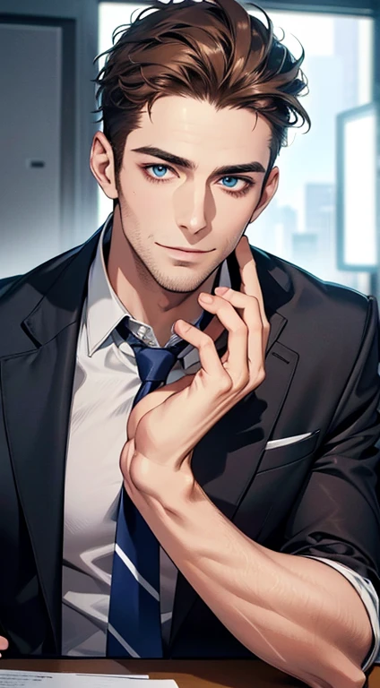 (best quality,4k,8k,highres,masterpiece:1.2),ultra-detailed,(realistic,photorealistic,photo-realistic:1.37),1 man,31 years old,mature man,very handsome,without expression,smile,short grey brown hair,blue eyes,penetrating gaze,perfect face without errors,imposing posture,businessman,office background,cinematic lighting,hdr image