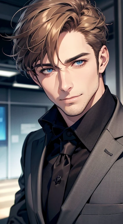 (best quality,4k,8k,highres,masterpiece:1.2),ultra-detailed,(realistic,photorealistic,photo-realistic:1.37),1 man,31 years old,mature man,very handsome,without expression,smile,short grey brown hair,blue eyes,penetrating gaze,perfect face without errors,imposing posture,businessman,office background,cinematic lighting,hdr image