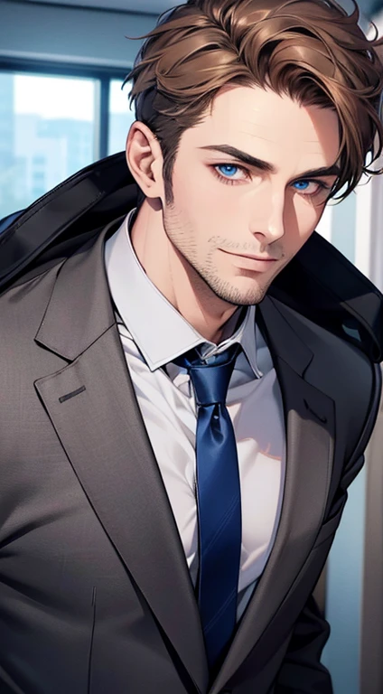 (best quality,4k,8k,highres,masterpiece:1.2),ultra-detailed,(realistic,photorealistic,photo-realistic:1.37),1 man,31 years old,mature man,very handsome,without expression,smile,short grey brown hair,blue eyes,penetrating gaze,perfect face without errors,imposing posture,businessman,office background,cinematic lighting,hdr image