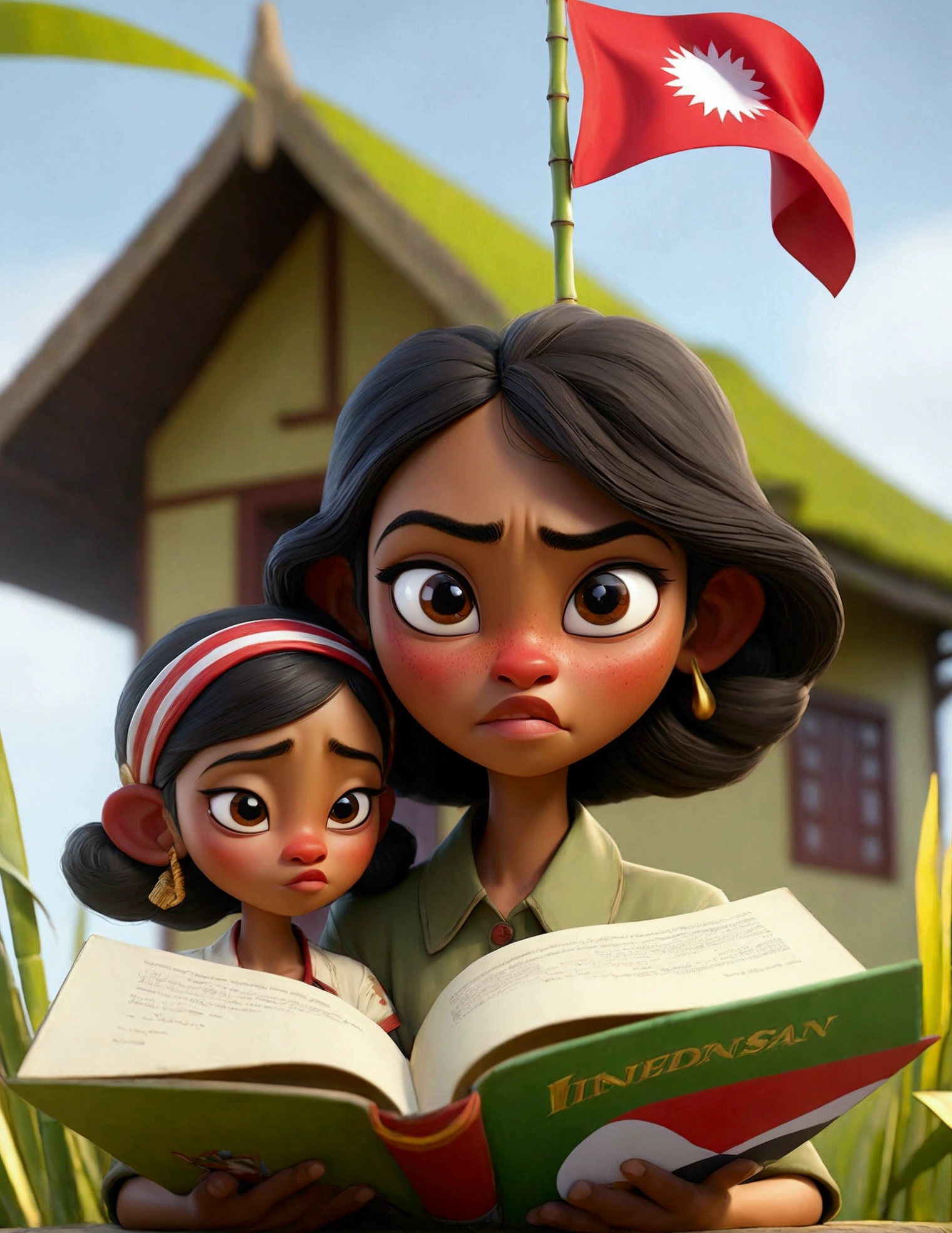 whimsical and vibrant 4D realiistic war close-up of an open book, featuring a pop-up Indonesian flag with an adorble most people hold bamboo and red white Indonesian flag alongside. The intricate illustration and cinemsticare bursting with color, set against a background of a 3D rendered old house and green farm . Background Indonesian flag with gold text "Dirgahayu RI 79",The overall atmosphere of the handcrafted piece is charming, playful, and full of life., illustration, 3d render, painting, vibrantLess