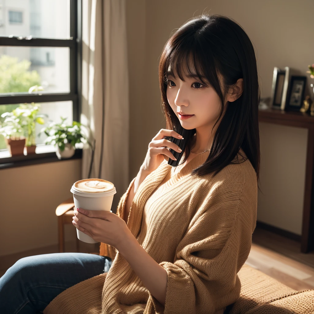 (8k, RAW photo, best quality, masterpiece:1.2), (realistic, photo-realistic:1.4), (extremely detailed 8k wallpaper),sharp focus, professional lighting, depth of field, cinematic lighting,BREAK (1woman:1.4),1girl 30yo stunningly beautiful sexy mature Japanese,black hair,living room, holding a smartphone in one hand, coffee cup, living room