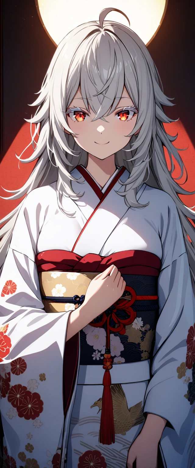 Highest quality,masterpiece,unity 8k wallpaper,Very detailed,Detailed light, Best Shadow,Very detailedな肌,Beautiful attention to detail,Very detailedな顔,Detailed reflective eyes,Shiny Hair,Shining Eyes,(One girl:1.4),Gloss,smile,kimono,(赤いkimono:1.2),Red eyes,Silver Hair,(white eyelashes:1.2),white eyebrows,clothes,can,ahoge,