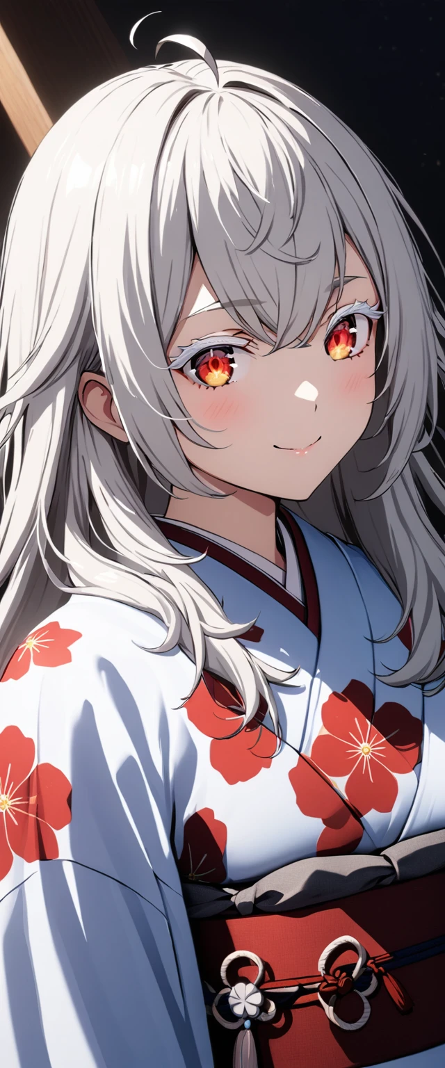 Highest quality,masterpiece,unity 8k wallpaper,Very detailed,Detailed light, Best Shadow,Very detailedな肌,Beautiful attention to detail,Very detailedな顔,Detailed reflective eyes,Shiny Hair,Shining Eyes,(One girl:1.4),Gloss,smile,kimono,(赤いkimono:1.2),Red eyes,Silver Hair,(white eyelashes:1.2),white eyebrows,clothes,can,ahoge,