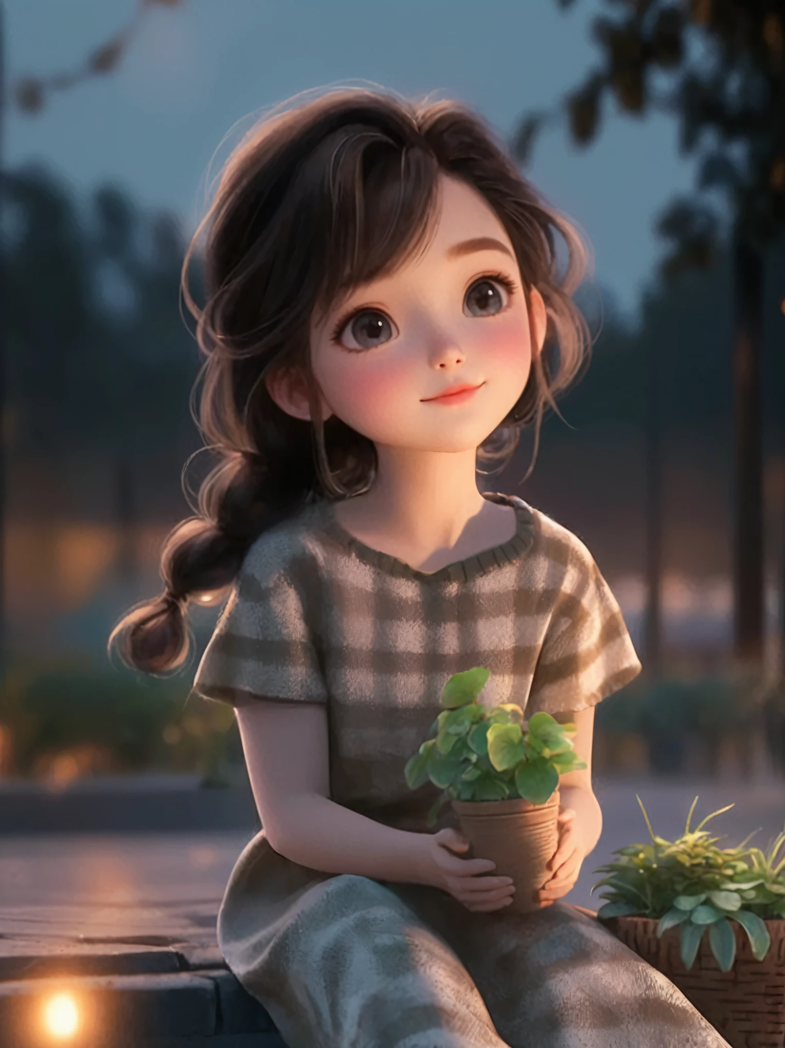 girl sitting on a bench holding a potted plant, Lovely digital art, Lovely detailed digital art, Lovely数字, Lovely 3 d render, Lovely cartoon character, realistic Lovely girl painting, Lovely portrait, Lovely cartoon, Lovely character, Artie Guerin 8K, Lovely artwork, Lovely girl, Beautiful digital artwork, Soft portrait shots 8 k, 🍁 Lovely