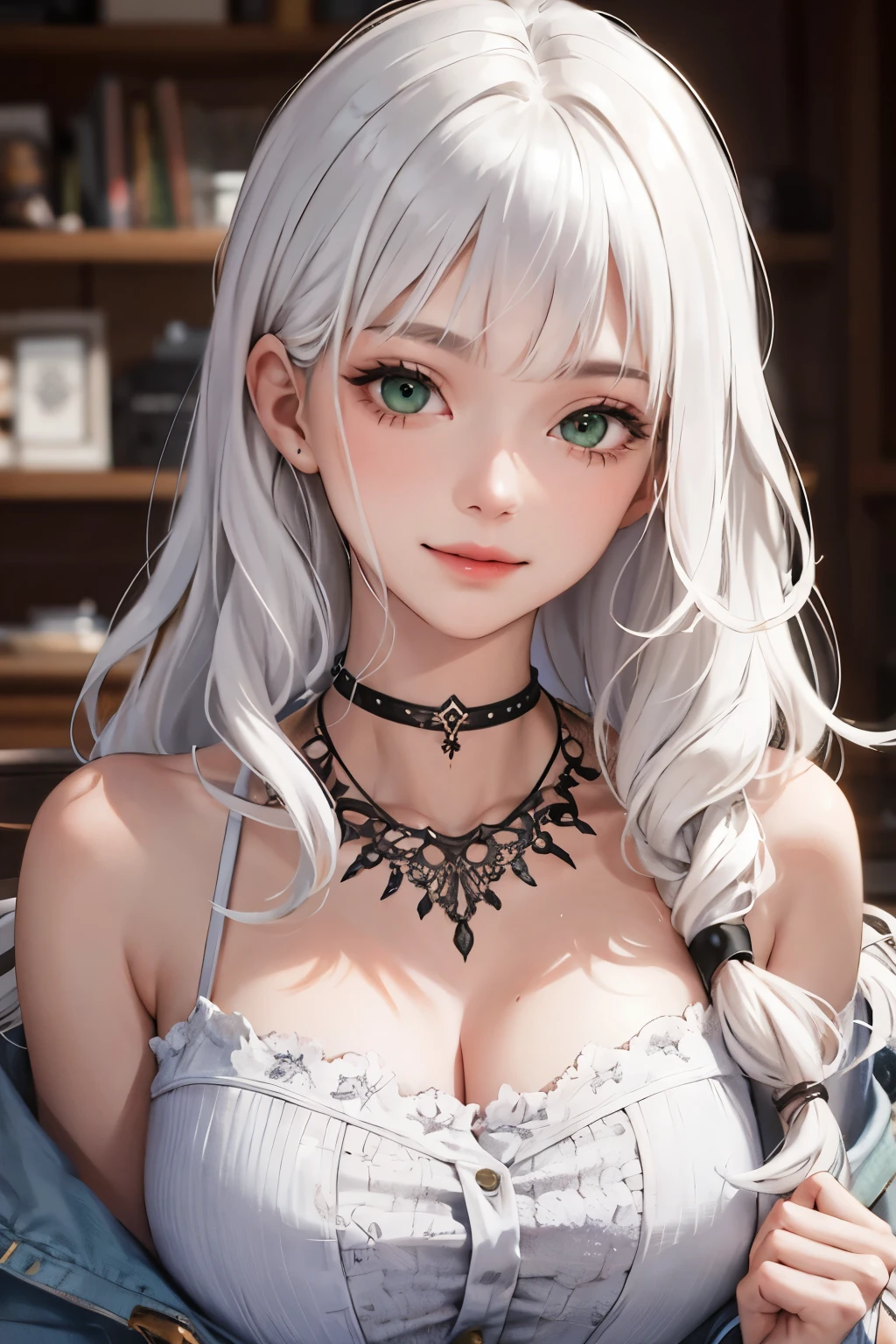 photo of a 19 year old girl (masterpiece:1.2, best quality), (real picture, intricate details), 1lady, solo, upper body, casual, long hair, minimal makeup, natural fabrics, close-up face, smile, home, long light platinum white hair, bangs, wavy hair, long wavy hair, really long wavy hair, wavy platinum hair, slightly wavy hair, cute long hair, green eyes, .