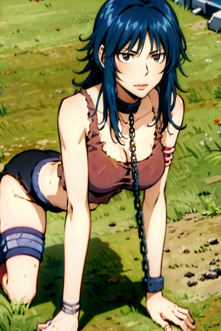 red eyes, blue hair, long hair, messy hair, (((red tank top))), navel, bare shoulder, hair between eyes, straight hair, gleaming kin, oil skin, shiny skin, sweat, wet skin, large breasts, cleavage, (((hands on the ground, on all fours))), (((chain leash, viewer holding chain leash, animal collar, animal collar connected chain leash))), 