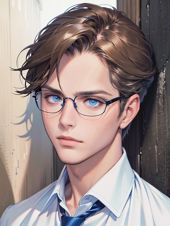 masterpiece, best quality, 1boy, brunette hair, blue eyes, glasses, white shirt, mugshot, wall background, detailed eyes, detailed facial features, realistic and high resolution (best quality, 4k, 8k, highres, masterpiece:1.2)